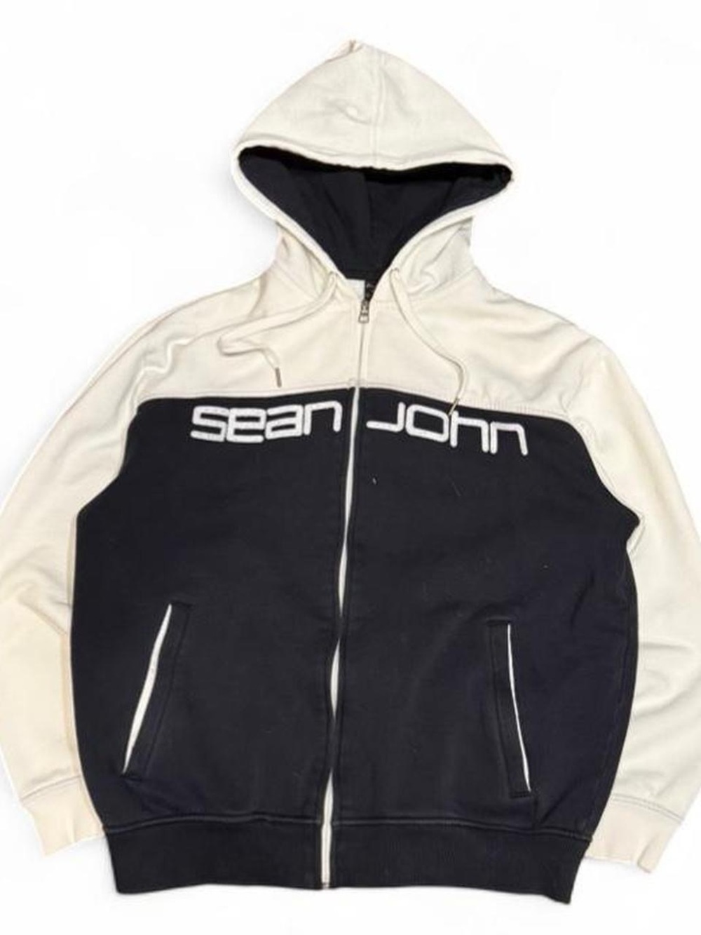 Y2K Sean John Logo Black White Colorblock Zip Up Hoodie